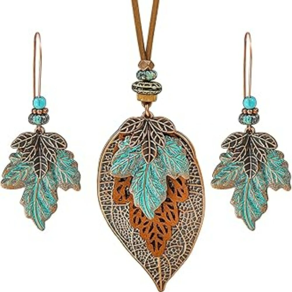 3 pc Bohemian Necklace Set Hemp Rope Chain Beautiful Earthy Leaves
